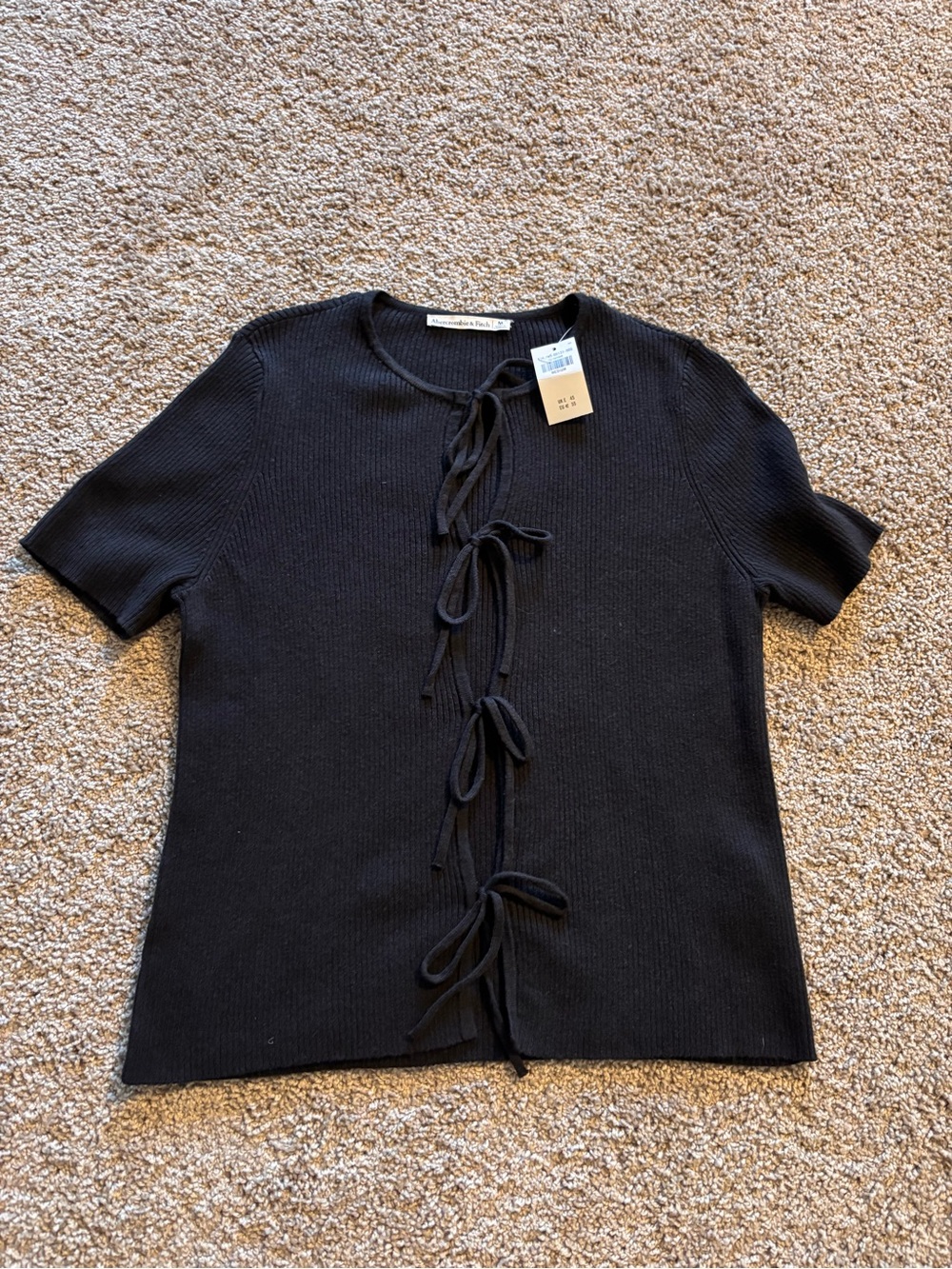 Abercrombie & Fitch Black Ribbed Short Sleeve Tie-Front Top